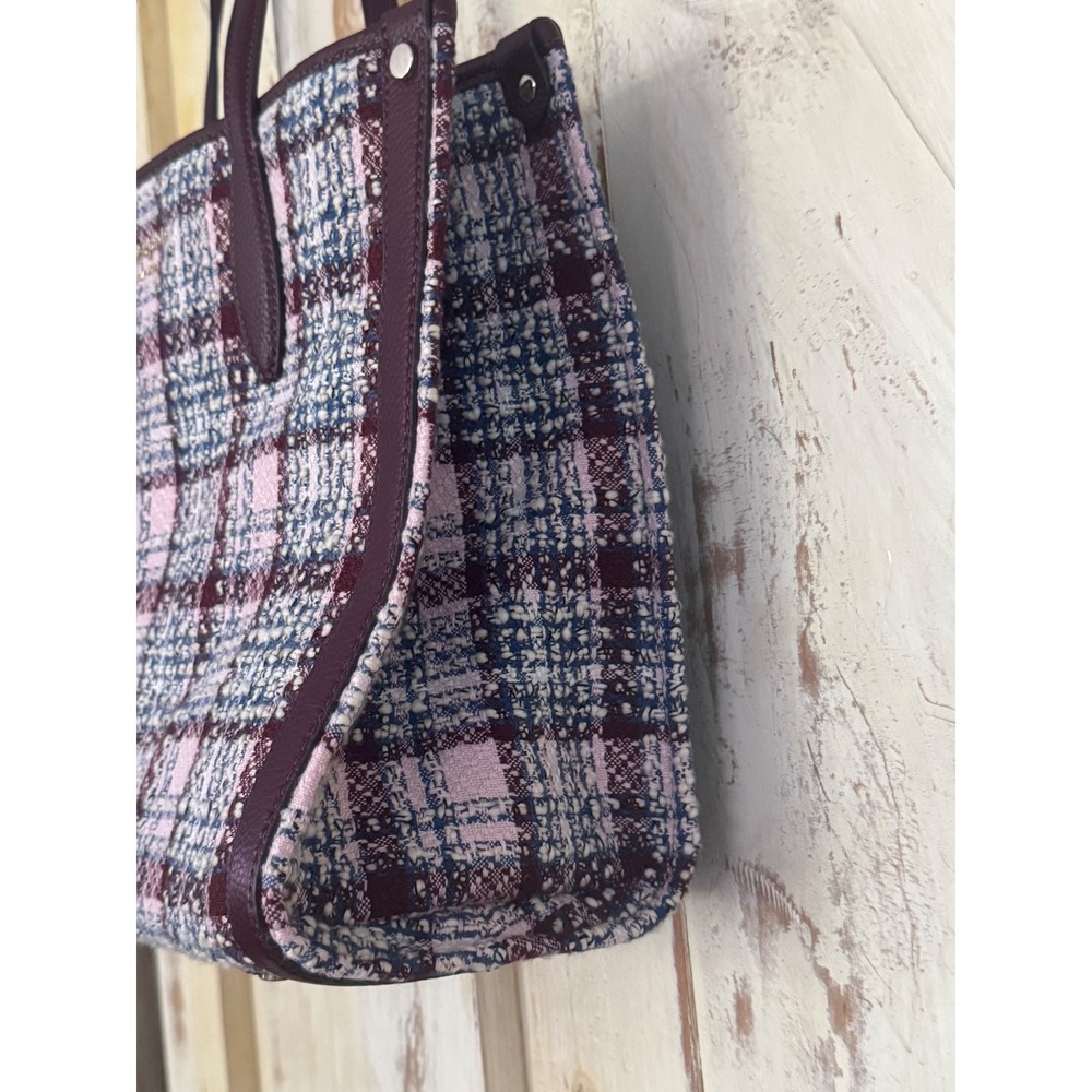 Kate Spade Plaid Burgundy Blue White Tweed Tote Shoulder Bag NWOT - Picture 7 of 16